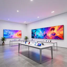 ( ( ( minimalist brutalist neon flagship samsung store, white walls. concrete floor. very low ceilings with spots. lineal furniture, colorful digital screens. display tables with phones and tablets, pots with plants, large digital screens on the walls ) ) ) concept art, vibrant colour, john berkey, beeple, wlop, makoto shinkai, yoji shinkawa, wadim kashin, artstation, 4 k