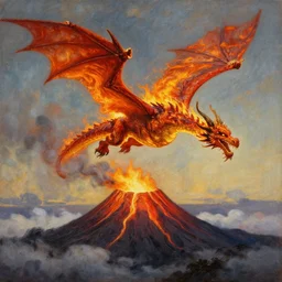 a highly detailed oil painting of a fire dragon flying over a volcano, by afremov