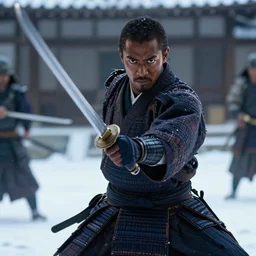 a film still of a black man starring in a japanese blockbuster film as ancient samurai, having an intense sword fight in the snow, shallow depth of field, cinematic, award winning cgi, vfx, film still