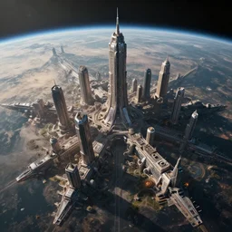 massive space future city on a planet surface, photoreal, dramatic, cinematic, detailed, magnificiant, realistic, photo real, unreal engine 5, rule of thirds, dynamic lighting, in the style of eddie mendoza and sebastian luedke