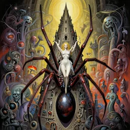 godess of spiders on babel's tower, overdetailed, hypermaximalist, complementary colors, polished, visionary fineart, glenn brown, tsutomu nihei, hans ruedi giger, zdzisław beksinski