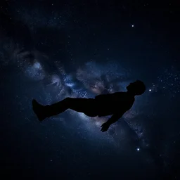a man floating in space silhouetted by many stars in the background