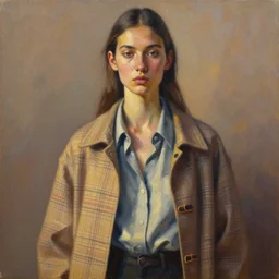 portrait in daring femininity, ethnic, realistic face sculpted features, thin and statuesque model, street outfit with layered shirts, plaid, jacket with buckles, warm glow, bathed in light, chiaroscuro, specular highlights, angular impressionism, radiosity, natural color scheme, earthy tones, modern fashion, contemporary art, oil on canvas