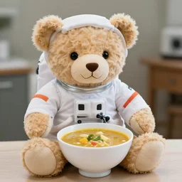 an astronaut teddy bears a bowl of soup