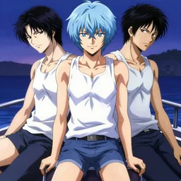 style of madhouse anime, rei hiroe, artgerm, revy from black lagoon, symmetrical eyes and symmetrical face, jean shorts, white tank top, on a boat, smirk on face, evening
