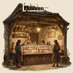 concept art, a beautiful highly detailed interior display of a fantasy small medieval french butchery of a small town, poor, small, petite boucherie, realistic shaded lighting poster by ilya kuvshinov, magali villeneuve, artgerm, jeremy lipkin and michael garmash and rob rey