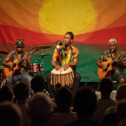 a beautiful reggae music concert, raw, brass instrument, singer, tabla, guitar, battery, view from the crowd, by james jean, by rossdraws, frank franzzeta, mcbess, yellow red green scheme color
