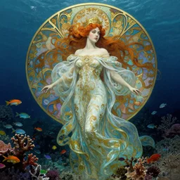 portrait of a beautiful fairy woman, submerged underwater filled with colorful small fish and coral reef, fantasy, regal, intricate, by stanley artgerm lau, greg rutkowski, thomas kindkade, alphonse mucha, loish, norman rockwell