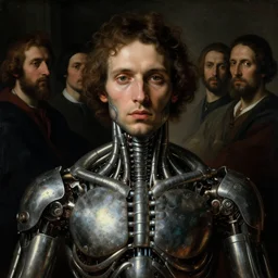 symmetrical portrait painting of beautiful man covered with metallic biomechanical ribbed spinal tubes by hieronymus bosch, harsh flash photo, lucid dream - like heavy atmosphere, baroque painting, perfect composition, detailed octane render trending on artstation, 8 k artistic photography, volumetric cinematic perfect light, chiaroscuro, masterpiece, raphael, caravaggio, beksinski, rutkowski, beeple