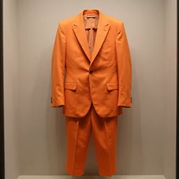 photo of a orange full - bodied suit hanging on display in a museum
