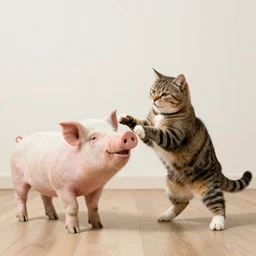 a cat battles a pig