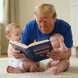 donalt trump in a diaper, trying to learn to read