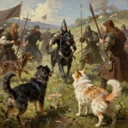 painting of a epic battle between dogs and cat, medieval setting, artstation, natural lighting, highly detailed, illustration
