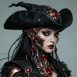 baroque futuristic, pirate witch head shot portrait by iris van herpen, black, ruby, copper, biomechanical details, epic bionic cyborg implants, masterpiece, intricate, biopunk, vogue, highly detailed, artstation, concept art. a lot of cables and wires around, ayami kojima, karol bak, rutkowski, takato yamamoto, subjekt zero. 8 k
