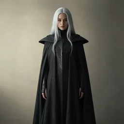 beautiful girl with ice white hair wearing long futuristic highly detailed dark cloak designed by yohji yamamoto standing in a shadow of the soft light, mystery, mysterious, soft muted colors, simple shapes, by gregory crewdson, golden ratio, perfect composition, dramatic, medium close - up ( mcu ), cannon ef 6 5 mm f / 2. 8