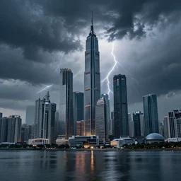 Wide shot of colossal futuristic megacity towering across the landscape, thunder storm reflected in water, Ralph McQuarrie, EOS-1D, f/16, ISO 200, 1/160s, 8K