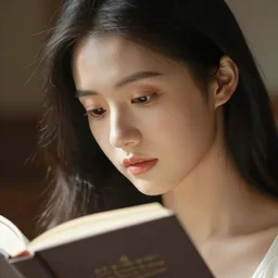 very very very perfect face of a woman reading a book