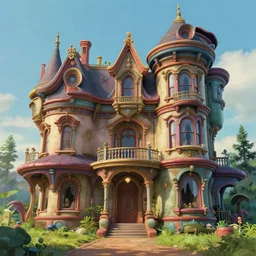 fantasy wavy futuristic victorian atompunk mansion, surreal, detailed, sharp details, architectural accents, colourful paint, ( ( ( ( ( reflexions on windows ) ) ) ) ), octane render, photorealism, pixar, ghibli