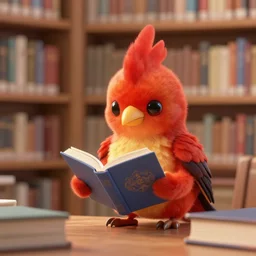 a cute firebird reading a book in a library #cgi