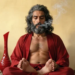 mr robert smoke weed and meditate using his feet, he has dark grey hairs, detailed glad face, muscular chest, visible belly. spiral red vase, golden hour closeup photo, red elegant shirt, eyes wide open, ymmm and that smell