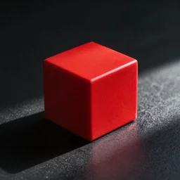 a red cube on a black hard surface. perspective view. light from right side