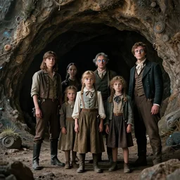 sharp, highly detailed, film from a sci fi 8 k movie, set in 1 8 6 0, family standing outside a cave on a strange alien planet, wearing 1 8 5 0 s era clothes, atmospheric lighting, in focus, reflective eyes, 3 5 mm macro lens, live action, nice composition, good photography