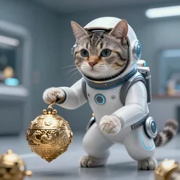 A cat in a high tech suit embarking on a mission to recover an ancient artifact, 8K, ultra realistic
