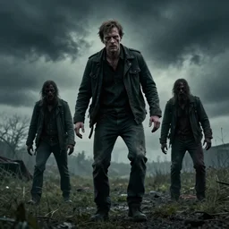 geert wilders fighting zombies in the walking dead movie still, ominous sky