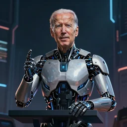 A cybernetic Joe Biden as an android giving a speech, digital painting, cyberpunk