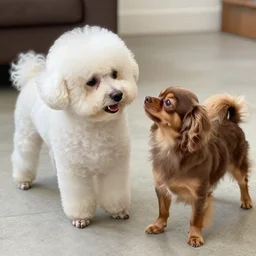 a bichon frise plays with a cute brown long haired chihuahua cocker spaniel