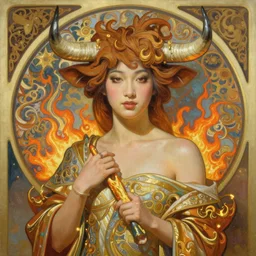 female princess, japanese woman fair skin, venus planet imagery, longhorn bull, digital oil paining by artgerm, greg rutkowski, mucha, portrait | art nouveau. d & d. ornate intricate detail, complimentary burning colors. sharp edges. clear detailed. 8 k. elegance