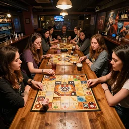 Women playing board games at the bar, Greg Rutkowski, Frank Miller, trending on Artstation, 8K, ultra wide angle, establishing shot, pincushion lens effect, zenith view