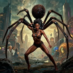 realistic detailed photorealistic film portrait shot of a beautiful black woman with a giant spider, sci-fi city landscape background by Denis Villeneuve, Amano, Yves Tanguy, Alphonse Mucha, Ernst Haeckel, Max Ernst, Andrei Tarkovsky, Edward Robert Hughes, Roger Dean, necklace, dynamic pose, rich moody colours, wide angle, blue eyes