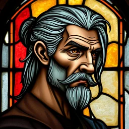 medieval stained glass window, detailed side - view portrait of an old witcher, amber eyes, grey hair, half ponytail, short mustache, detailed and masterful, backlit