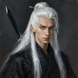 fantasy painting of a long-haired albino man with a black blade, painted by Bayard Wu, ultra detailed, 8k