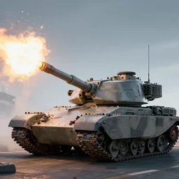futuristic tank firing its main canon, photorealistic, hyper realistic