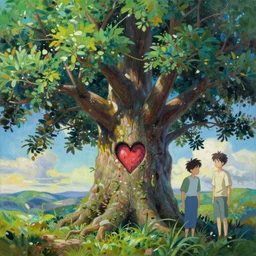 beautiful oil painting of a detailed fantasy tree with heart carved in the trunk, painted by mike winkelmann, makoto shinkai,thomas kinkade, colorful, 4k,Trending on artstation