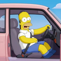 Advertisement photo of excited real-life Homer Simpson sitting in the driver seat of a LADA VAZ-1111
