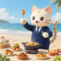 4 5 mm 1 9 5 7 cooking food photography of an corporate mascot at a beach summoning an anime catgirl, photography by tyler mitchell johfra bosschart