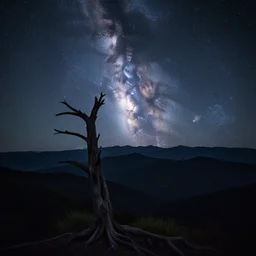 landdcape photo by marc adamus, night, milky way, mountains, dead tree in the forgound, besutiful, dramatic