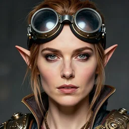 head and shoulders portrait, female artificer, gray eyes, welding goggles, emily blunt natalie portman hybrid, elf, d & d, steampunk, by donato giancola, facial detail, extremely detailed, comic book cover photo