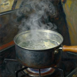 a closeup of a pot of boiling water on a stove, stanhope forbes, david bomberg, impressionist painting