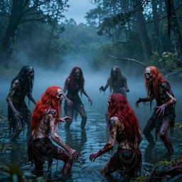 psychedelic zombie flesh eating redheads battle swamp creatures from hell in a misty blue lake near a forest at midnight