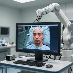 on video monitors a face transplant in an operating room with robotic surgeons with a lot of wires rs , photorealistic,by Wlop,4k resolution