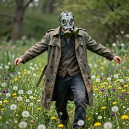 photorealistic detailed image of a man in a  rugged, worn trench coat wearing a gas mask happily frolicking among a field of dandelions and various vibrant plants and flowers, inspired by the Stalker video game series