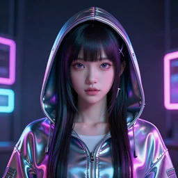 a cyberpunk girl wearing neon hoodie, chrome, neon light, japan, perfect face, high detailed, realistic, preatty face, asian, long hair, cyberpunk, geisha, arcane style, 3 d mix with 2 d