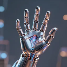 a 3D render of a metallic hand made of shiny metal, cyborg cyberpunk with lights and electricity and wires, bokeh, Canon 50mm, cinematic lighting, volumetric light, octane, octane render, redshift render