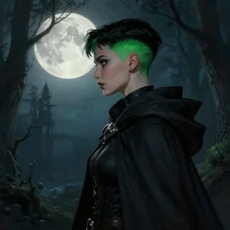close up side portrait dark witch, adventurer outfit large cloak, fantasy forest landscape, big moon, fantasy magic, undercut hairstyle, short green black fade hair, dark light night, intricate, elegant, sharp focus, illustration, highly detailed, digital painting, concept art, matte, art by WLOP and Artgerm and Greg Rutkowski and Alphonse Mucha, masterpiece
