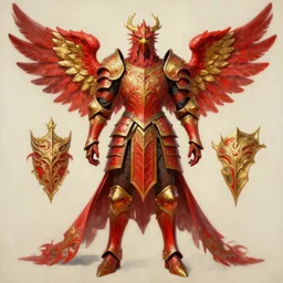 Frontal view of a set of armor, phoenix-inspired, full body, empty, ornamental, Red, Gold, wings, d&d, intricate, fantasy, Acrylic painting, trending on artstation, artstationHD, artstationHQ, cgsociety