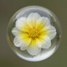 macro photo of a flower inside a water sphere, depth of field, higly detailed photo